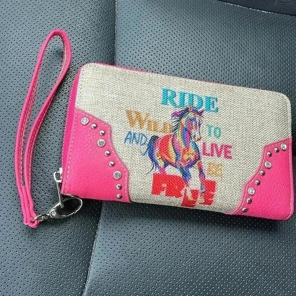 ❤️2/$30❤️Montana West Wallet Ride Wild Live Free Pink Studded Strap Colorful - Picture 1 of 8